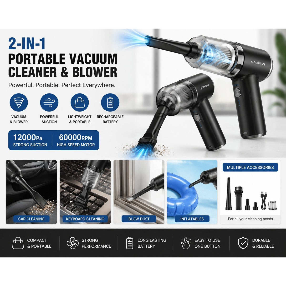 Portable Vacuum Cleaner & Air Blower – Rechargeable Handheld Cleaner for Home, Car & Office